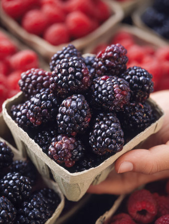 Hand-harvested blackberries nestled in a weathered wooden basket, their rich hue and plumpness...