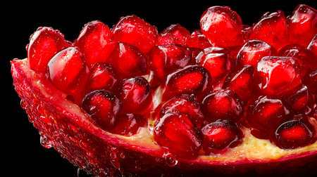Vibrant crimson seeds glisten with moisture, contrasting sharply against a dark backdrop, evoking...
