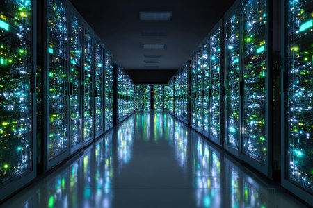 A high-tech server environment with glowing cooling systems, organized storage racks, and a sleek,...