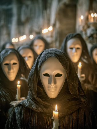 Shadows converge as masked participants cloaked in darkness convene around flickering flames,...