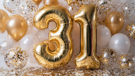 A vibrant scene capturing a milestone celebration with glamorous gold and white balloons, oversized...