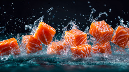 Vibrant salmon pieces erupting dynamically into dark waters, capturing the freshness and energetic...