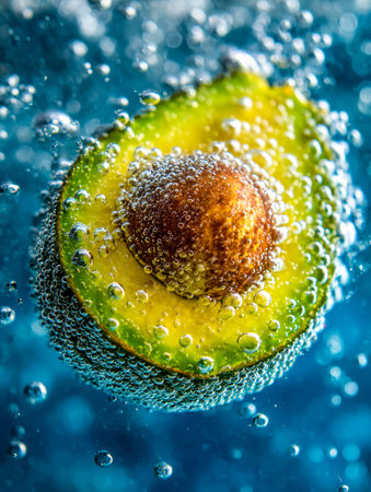 A ripe avocado half floats in effervescent water, creating a lively contrast against a vivid blue...