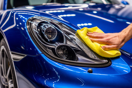 A focused individual carefully cleans a sleek blue vehicle using a vibrant yellow cloth, emphasizing precision and craftsmanship.のeditorial素材