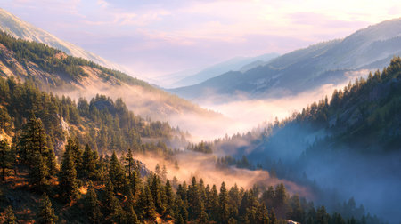A tranquil scene of towering peaks veiled in gentle dawn fog, embraced by dense, vibrant evergreens...