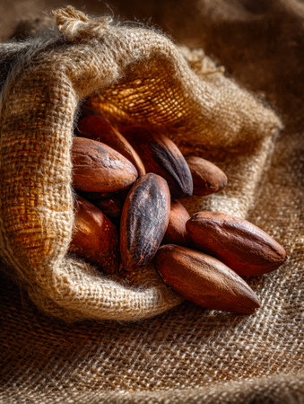 Warm, earthy cacao beans cascade onto a textured wooden surface, nestled in coarse burlap, evoking...