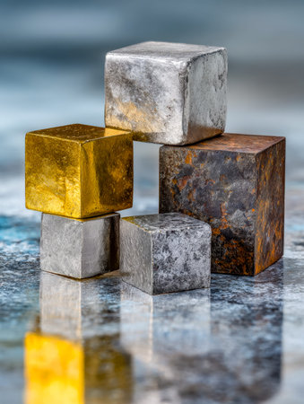 An arrangement of aged, tarnished metal blocks with glossy, mirror-like quality, capturing light and...