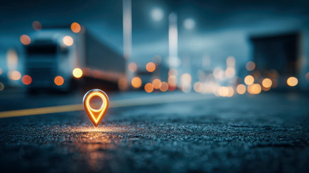 A luminous navigation marker stands out against a shimmering, rain-soaked city avenue, surrounded by...