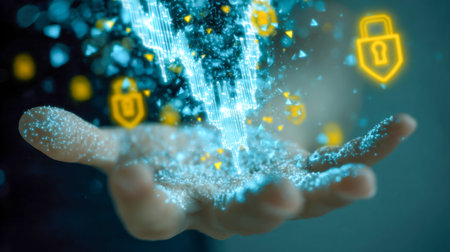 A human hand reaches out amidst shimmering data particles and a luminous shield icon, symbolizing...