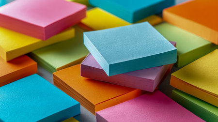 An eye-catching display of multicolored sticky note pads layered in an artful arrangement, blending...