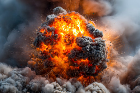 An intense moment captured as a massive blast erupts, sending fiery flames, dark smoke, and debris...