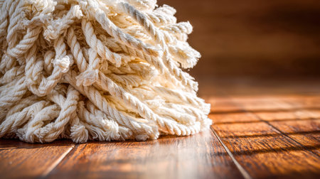 Sunlight bathes a cluster of rustic, braided natural fiber ropes lying on smooth wooden planks,...