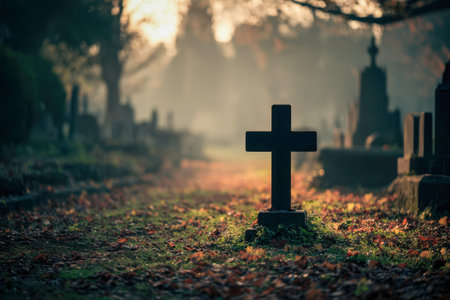 Gentle morning glow filters through a tranquil garden of remembrance, highlighting a striking dark...