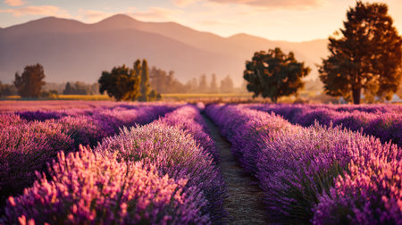 A tranquil landscape featuring blooming lavender stretching towards a warm, fading sun, with...
