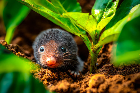 A young mammal cautiously emerges from vibrant foliage, exploring its earthy surroundings with...