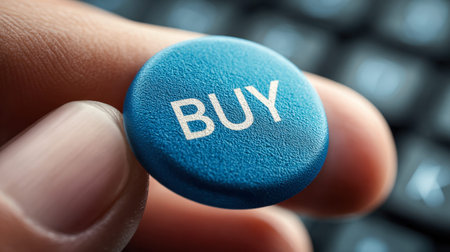 A hand gently grips a vibrant, textured blue disc featuring a clear purchase icon, set against a...