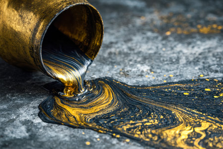 A vibrant swirl of dark black and shimmering gold creates a flowing marbled design, evoking elegance and artistic chaos on a smooth surface.の写真素材