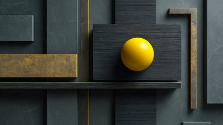 A striking arrangement of shapes combines smooth and textured surfaces, anchored by a vivid yellow sphere that adds vibrancy and visual intrigue to modern interior design.の写真素材