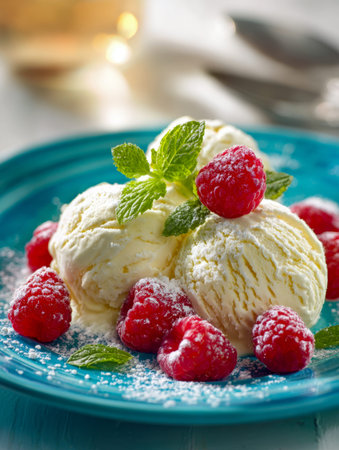 Delight in a trio of silky vanilla ice cream atop a bright blue dish, accented with juicy...