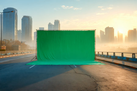 A quiet city street awakens with first light as a portable green screen stands ready, hinting at...