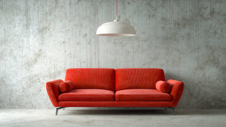 A bold crimson couch featuring rounded, tubular pillows, set against a sleek, uncluttered space that exudes contemporary simplicity and refined elegance.の写真素材