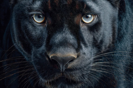 A captivating shot highlighting the fierce gaze and sleek, shadowy coat of a wild feline,...