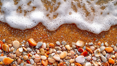 A vibrant collection of shells rests on soft sand as tranquil waves softly wash ashore, evoking...