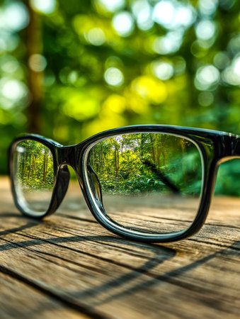 A pair of glasses resting on weathered wood captures a vivid woodland vista, blending nature's serenity with everyday objects in a peaceful, contemplative scene.の写真素材