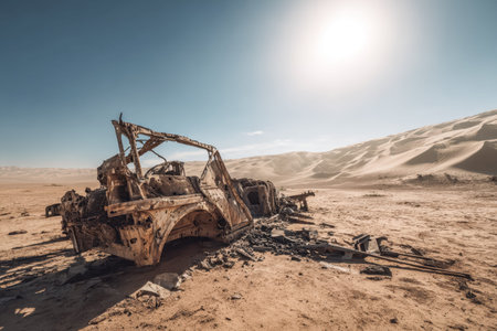 A charred automobile lies abandoned amidst vast, empty dunes, its twisted frame silent witness to an unspoken story in the stark, windswept wilderness.の写真素材