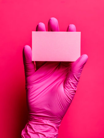 A delicate hand in a blush pink glove presents a pastel pink placeholder against a lively magenta backdrop, perfect for feminine or celebratory designの写真素材