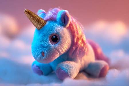 A gentle pastel setting features a cuddly unicorn plush with shimmering gold accents and a delicate...