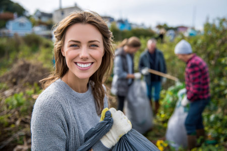 A cheerful young woman proudly carries a trash bag amid volunteers tidying up a scenic countryside, embodying community spirit and environmental care.のeditorial素材