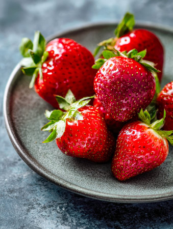 Juicy, vibrant red strawberries with green leaves cluster invitingly on a sleek, deep-toned ceramic dish, evoking freshness and natural sweetness.