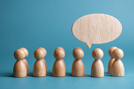 A collection of handcrafted wooden figures arranged in a circle, with one holding a blank speech...