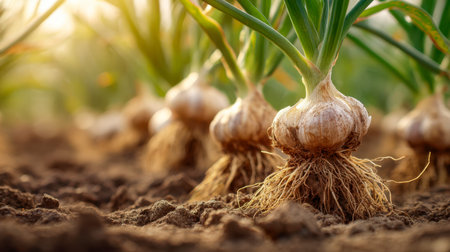 Vibrant garlic plants with lush green leaves thrive in fertile earth, basking in bright sunlight,...