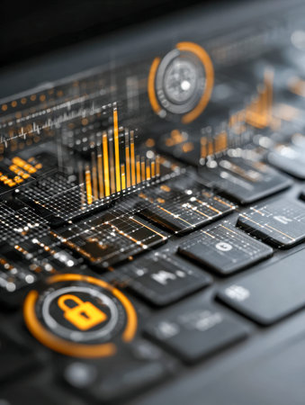A high-tech scene featuring a glowing digital lock, dynamic data charts, and sleek interface...