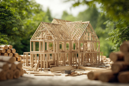 A precise wooden framework of a home's early stages stands amidst organized logs and scattered supplies in a lush outdoor setting, capturing craftsmanship and natural proの写真素材