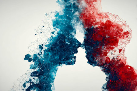 Dynamic composition of two silhouettes in profile, intertwined with bold geometric forms and lively...