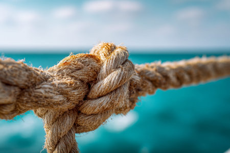A textured hemp knot, showcasing intricate weaving and durability, set against a vibrant turquoise...