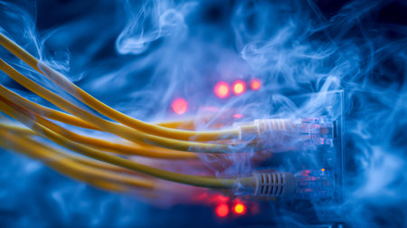 A tangled array of data connections emanates from a central hub, shrouded in swirling vapor, with...