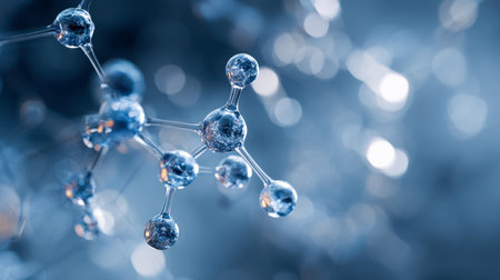 A detailed depiction of a molecular lattice with shimmering atoms linked by shining bonds, set against a gentle blue bokeh backdrop for educational insight.の写真素材