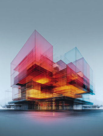 A cutting-edge, luminous structure featuring overlapping glass layers in warm, radiant tones, set...