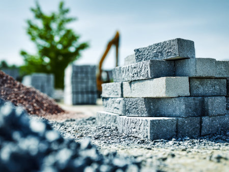 A neat stack of gray concrete blocks ready for installation, surrounded by heavy machinery and lush green foliage, capturing an active development scene.の写真素材
