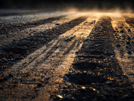 Golden dusk bathes a rugged dirt pathway, revealing fresh impressions left by tires amid the earthy...