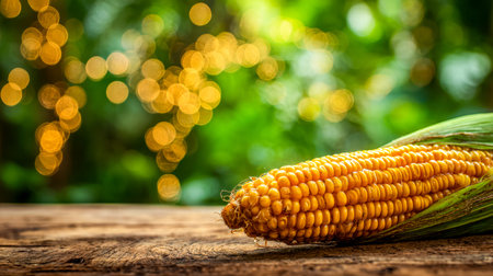 Juicy corn nestled in vibrant green husk, laid on aged wood, with soft-focus background creating a...