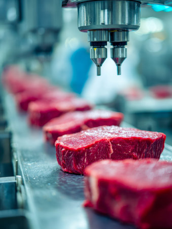 Fresh cuts of beef glide along a sleek conveyor system, surrounded by high-tech equipment in a...