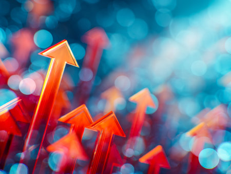 Dynamic arrows ascending sharply create a sense of momentum and achievement, set against a lively,...