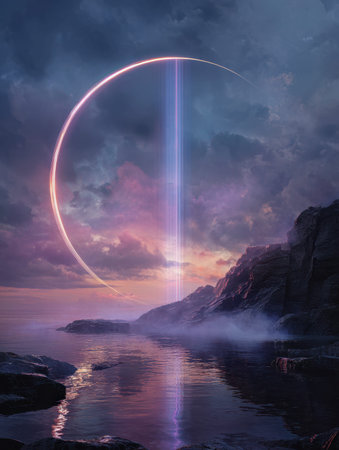 A luminous, ethereal ring casts a gentle glow across a rugged shoreline, reflecting upon tranquil...