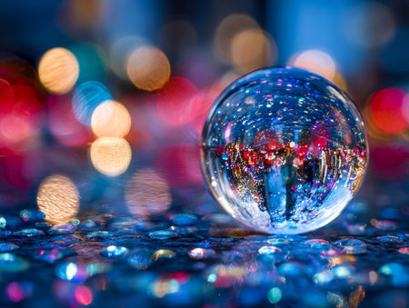A luminous glass orb captures shimmering urban glow and blurred neon hues, creating a dreamy,...