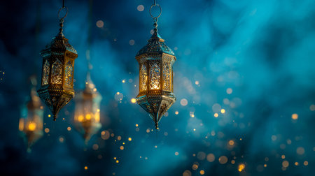 Intricately crafted lanterns emit a warm, enchanting glow beneath a tapestry of starlit darkness,...